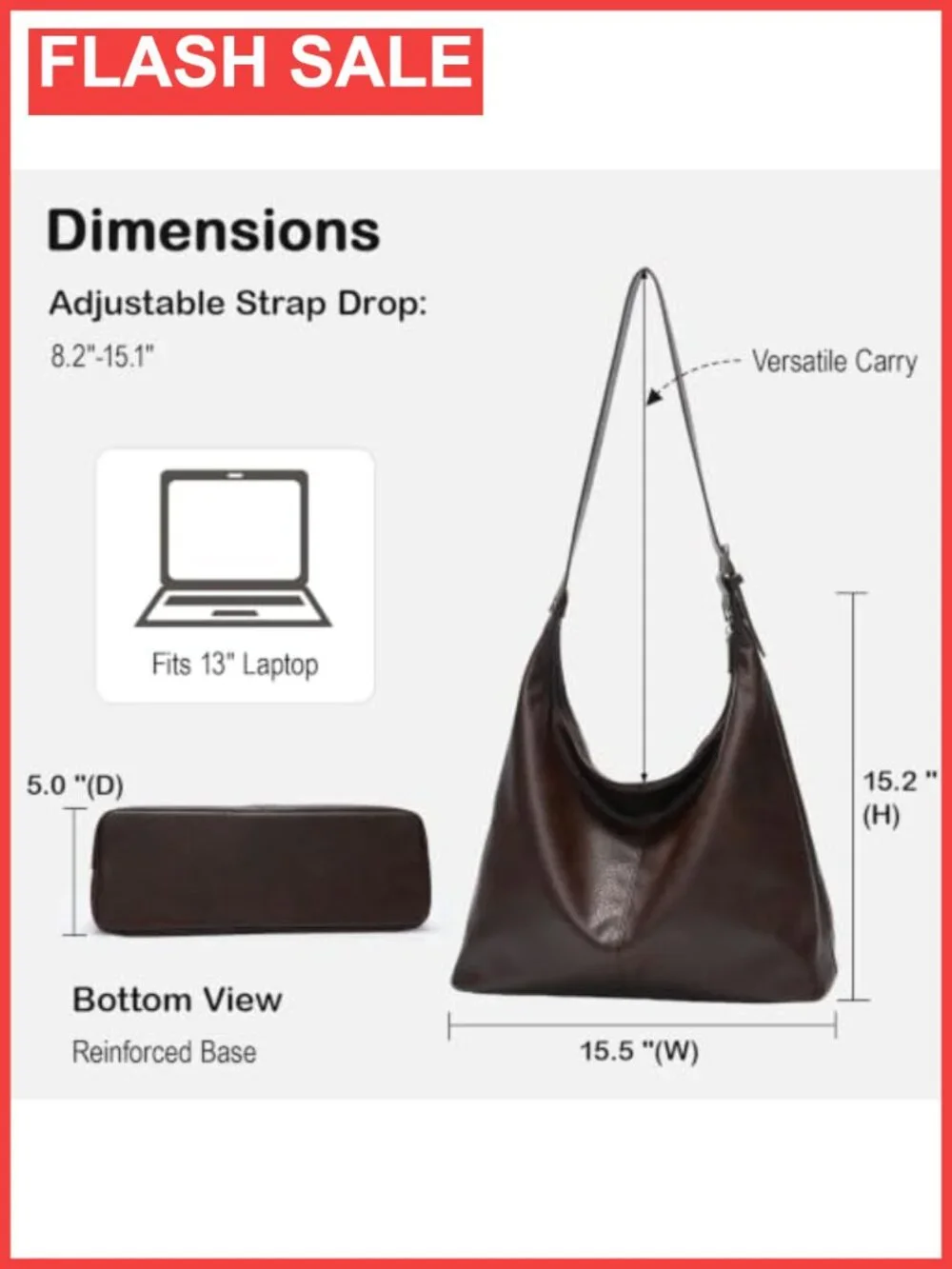 Large Vegan Leather Hobo Bag Slouchy Shoulder Purse Work Handbag